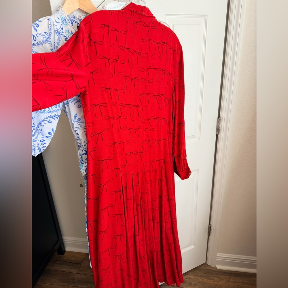 J. Crew Red Bow tie drapey Midi Shirt Dress with Tie Waist 6 - Picture 6 of 8
